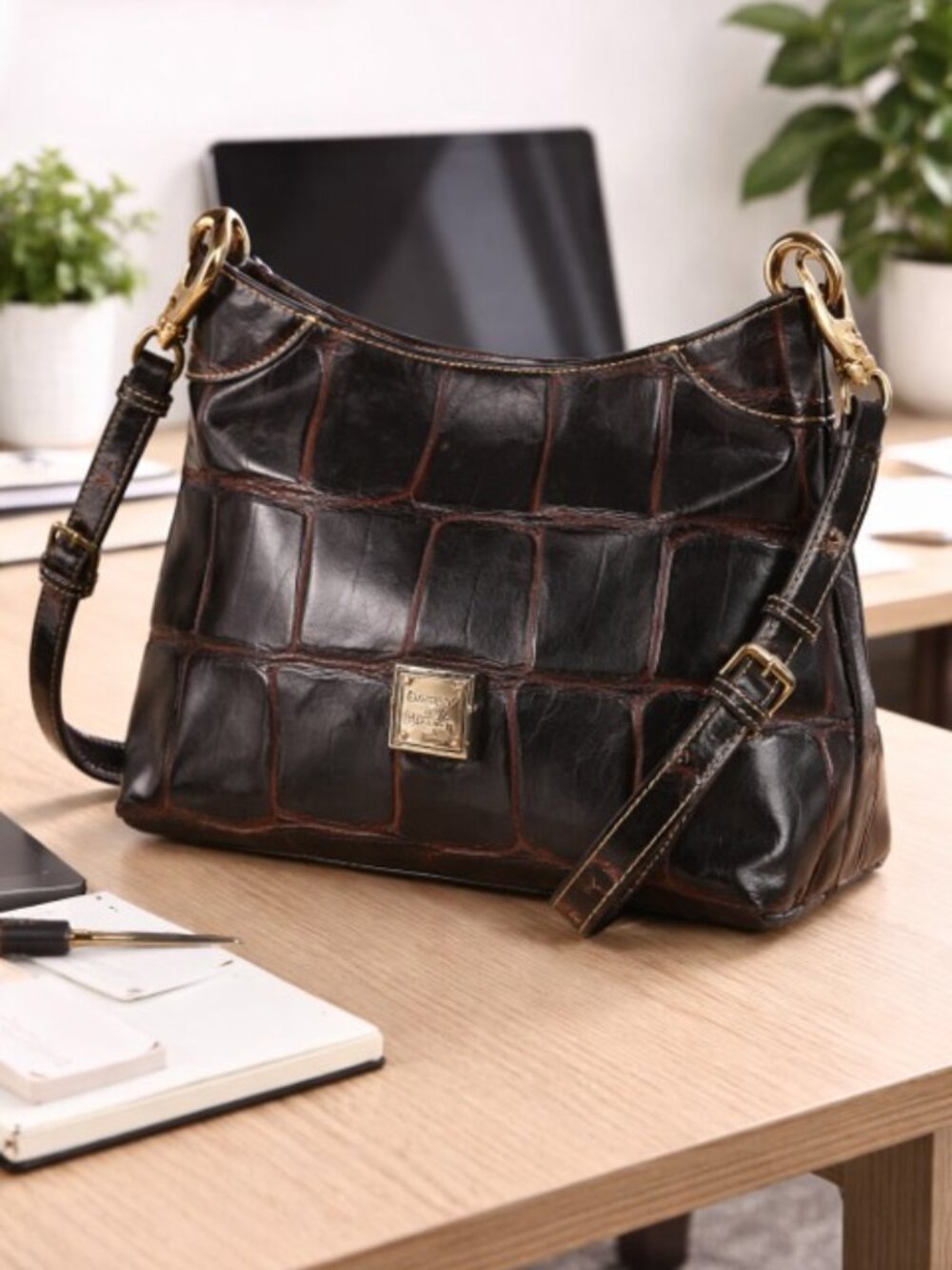 Dooney & Bourke Black Croc Embossed Leather Hobo Shoulder Bag Crossbody